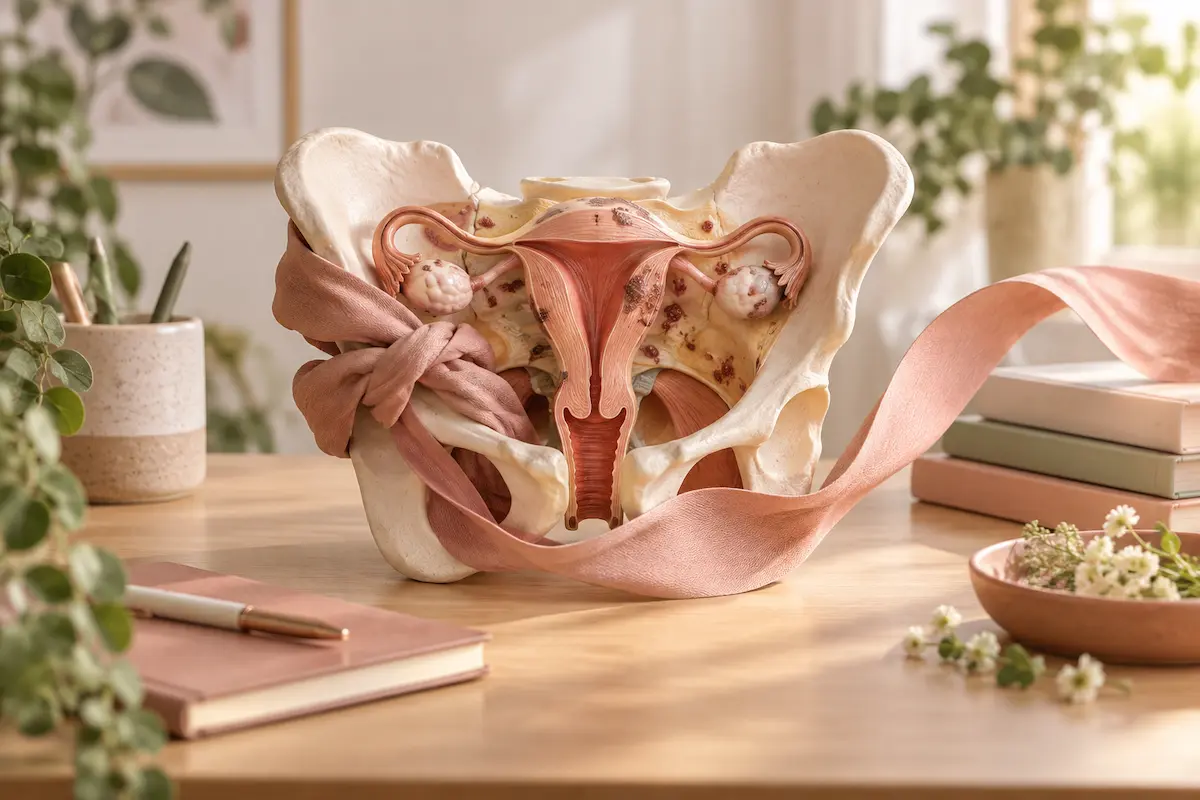 Module 3 – Endométriose
Maquette anatomique du bassin féminin et de l’utérus entourée d’un ruban noué symbolisant les douleurs liées à l’endométriose.